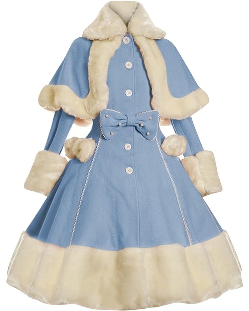 Teen Girls Retro Sweet Lolita Winter Faux Fur Cape Thick Wool Trench Coat Gothic Dress Gothic Victorian Lolita Dress Sky Blue...