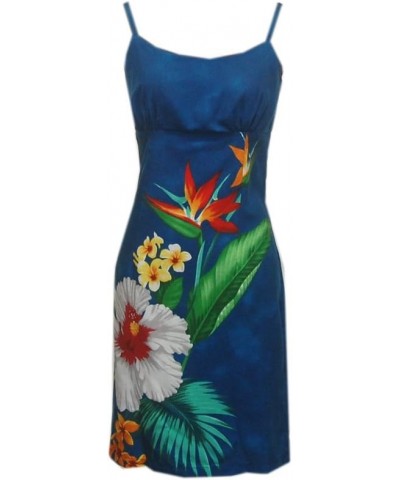 Women Rayon Hawaiian Short Beige Tropical Flower Spaghetti Dress Blue $33.39 Dresses