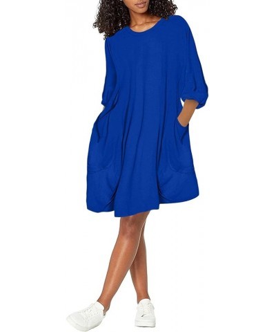 Casual Dresses for Women Summer Round Neck 3/4 Sleeve Solid Loose Long Tops Comfy Shift Plus Size Dress with Pocket 01-blue $...