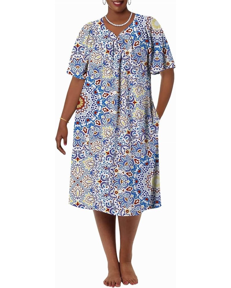 Mumu Dress for Women Short Sleeve Loose House Dress V Neck Casual Moo Moo Dress Knee Length Sleep Dress S-XXXL Mix Blue $12.5...