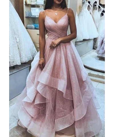 Glitter Ball Gowns Tulle Long Prom Dress V Neck Spaghetti Straps Formal Evening Party Gown for Women Wedding Guests Light Pin...