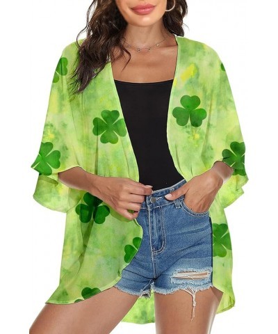 Women's Holiday Beach Floral Puff Sleeve Kimono Cardigan Lightweight Loose Cover Up Casual Blouse Tops Clover_bright Green $1...