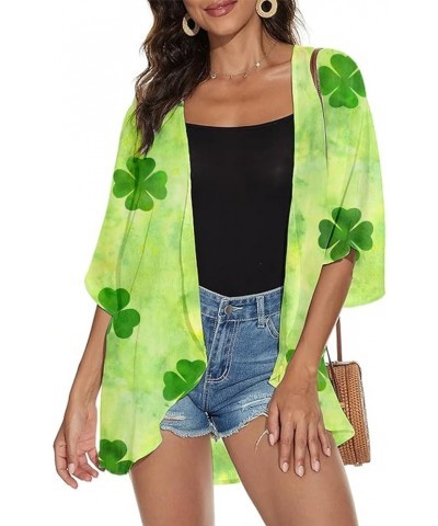 Women's Holiday Beach Floral Puff Sleeve Kimono Cardigan Lightweight Loose Cover Up Casual Blouse Tops Clover_bright Green $1...