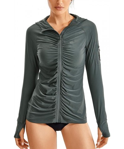 Women's UPF 50+ Long Sleeve Rash Guard Ruched - Zipper Front Hoodie Swimsuit Cover Ups Quick Dry Swim Shirts Mountain Green $...