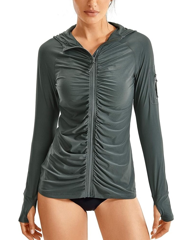 Women's UPF 50+ Long Sleeve Rash Guard Ruched - Zipper Front Hoodie Swimsuit Cover Ups Quick Dry Swim Shirts Mountain Green $...