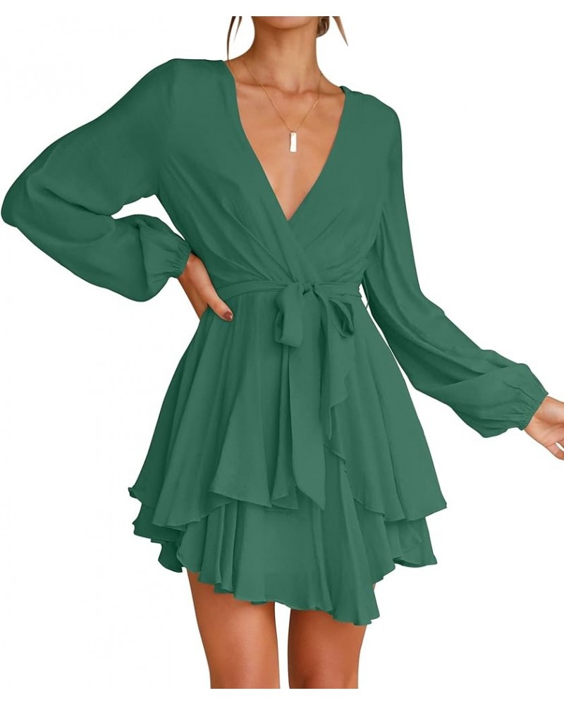 Women's Wrap V Neck Dress Long Sleeve 2024 Tie Waist Ruffle Hem Cocktail Wedding Party Swing Mini Dresses Forestgreen $17.15 ...