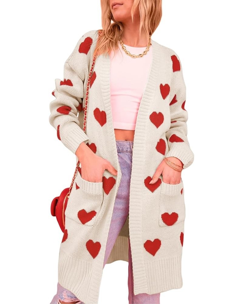 Women Love Heart Cardigans Sweaters Open Front Long Chunky Casual Knit Pocketed Cardigan Sweaters Apricot $18.86 Sweaters