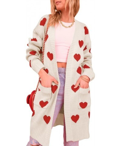 Women Love Heart Cardigans Sweaters Open Front Long Chunky Casual Knit Pocketed Cardigan Sweaters Apricot $18.86 Sweaters