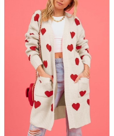 Women Love Heart Cardigans Sweaters Open Front Long Chunky Casual Knit Pocketed Cardigan Sweaters Apricot $18.86 Sweaters