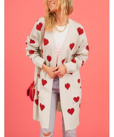 Women Love Heart Cardigans Sweaters Open Front Long Chunky Casual Knit Pocketed Cardigan Sweaters Apricot $18.86 Sweaters