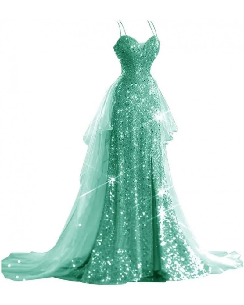 Sparkly Sequin Prom Dresses Long Ball Gown for Women Tulle Spaghetti Strap Formal Party Gowns with Slit Mint $36.90 Dresses