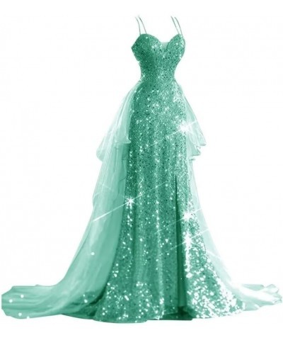 Sparkly Sequin Prom Dresses Long Ball Gown for Women Tulle Spaghetti Strap Formal Party Gowns with Slit Mint $36.90 Dresses