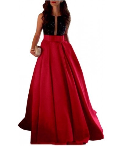 Women's Satin Evening Dresses With Sash Formal Gown With Rhinestone Red $35.34 Dresses