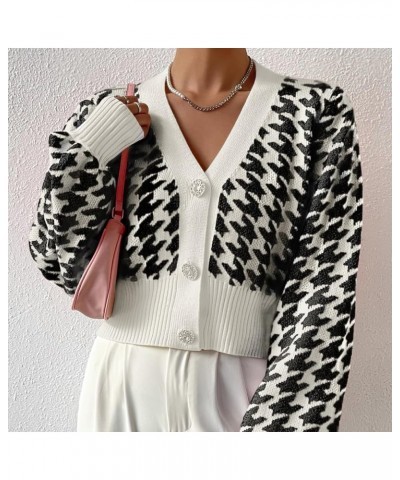 Women Y2K Houndstooth Graphic Open Front Knit Crop Cardigan Long Sleeve Button Down Cropped Sweater Knitwear Top Black $20.05...