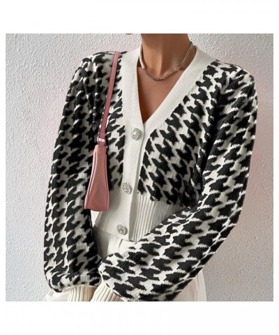 Women Y2K Houndstooth Graphic Open Front Knit Crop Cardigan Long Sleeve Button Down Cropped Sweater Knitwear Top Black $20.05...