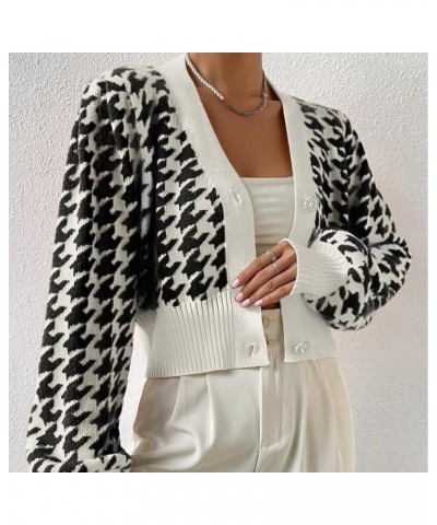 Women Y2K Houndstooth Graphic Open Front Knit Crop Cardigan Long Sleeve Button Down Cropped Sweater Knitwear Top Black $20.05...