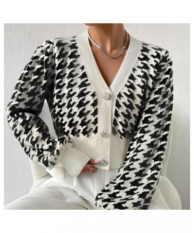 Women Y2K Houndstooth Graphic Open Front Knit Crop Cardigan Long Sleeve Button Down Cropped Sweater Knitwear Top Black $20.05...