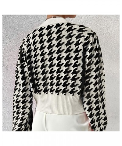 Women Y2K Houndstooth Graphic Open Front Knit Crop Cardigan Long Sleeve Button Down Cropped Sweater Knitwear Top Black $20.05...