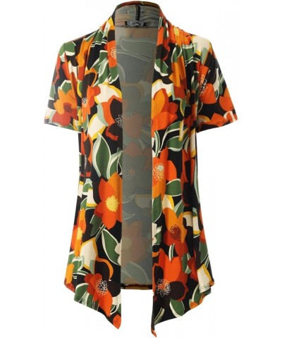 Women's [Made in USA] Solid Jersey Knit Short Sleeve Open Front Draped Cardigan (S-3XL) A Flower Black/Rust $9.95 Sweaters