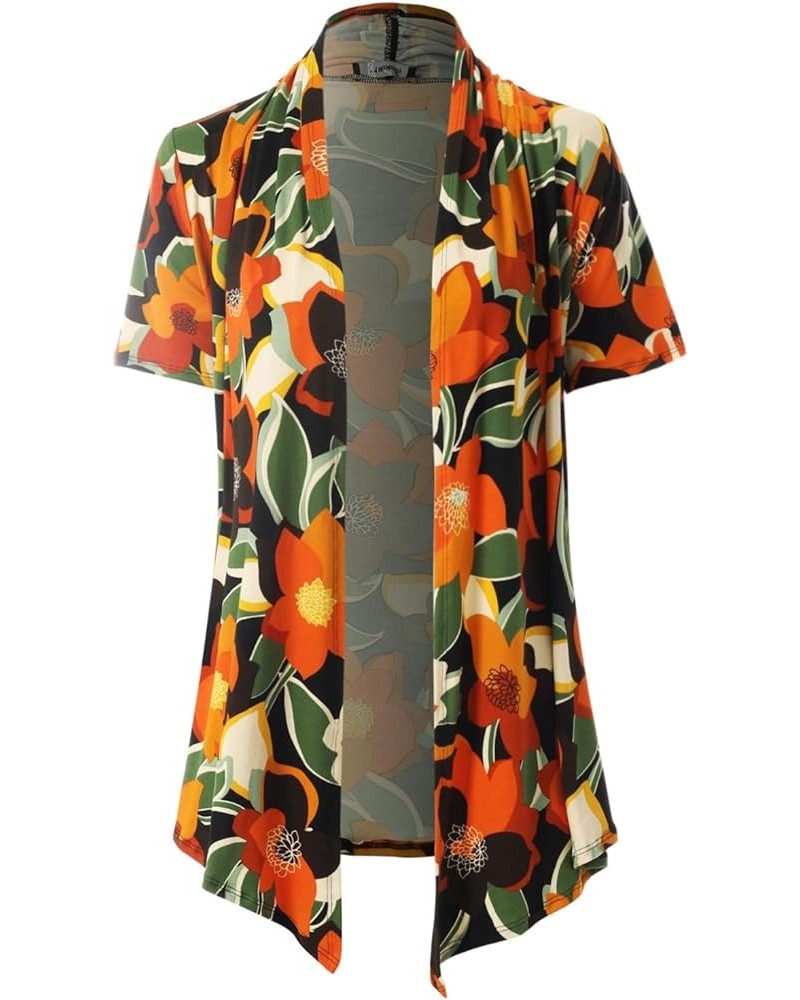 Women's [Made in USA] Solid Jersey Knit Short Sleeve Open Front Draped Cardigan (S-3XL) A Flower Black/Rust $9.95 Sweaters