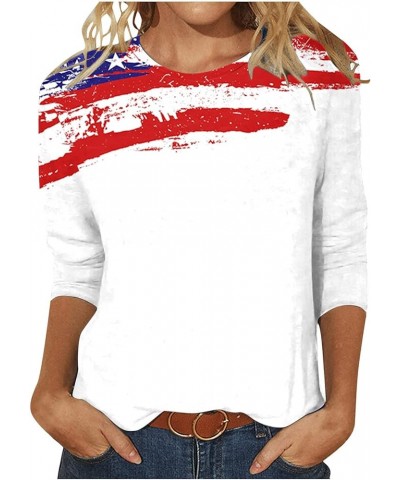 4th of July Shirts for Women 2023 Casual 3/4 Sleeve Crewneck Summer Tops USA Flag Patriotic Tshirt Star Stripes Blouse 010 Wh...