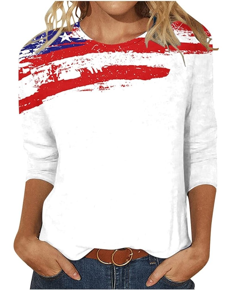 4th of July Shirts for Women 2023 Casual 3/4 Sleeve Crewneck Summer Tops USA Flag Patriotic Tshirt Star Stripes Blouse 010 Wh...