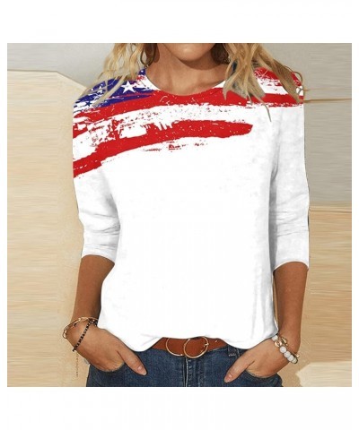 4th of July Shirts for Women 2023 Casual 3/4 Sleeve Crewneck Summer Tops USA Flag Patriotic Tshirt Star Stripes Blouse 010 Wh...