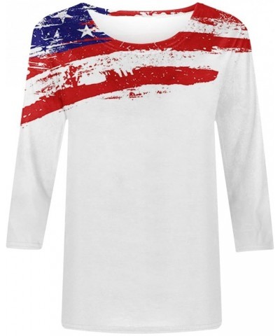 4th of July Shirts for Women 2023 Casual 3/4 Sleeve Crewneck Summer Tops USA Flag Patriotic Tshirt Star Stripes Blouse 010 Wh...