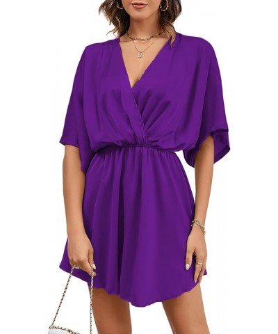 Women's Satin V Neck Twist Ruffle Flowy Swing Short Sleeve Elegant Mini Dress Dark Purple $25.79 Dresses