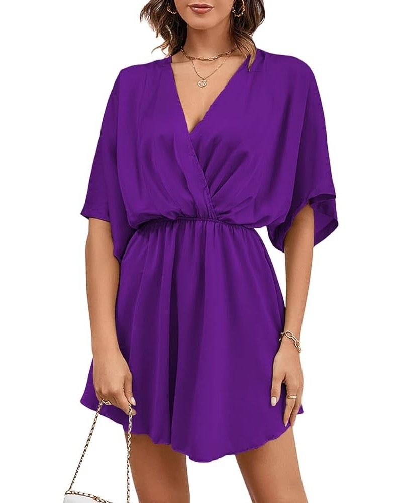 Women's Satin V Neck Twist Ruffle Flowy Swing Short Sleeve Elegant Mini Dress Dark Purple $25.79 Dresses