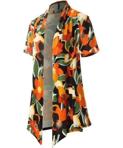 Women's [Made in USA] Solid Jersey Knit Short Sleeve Open Front Draped Cardigan (S-3XL) A Flower Black/Rust $9.95 Sweaters