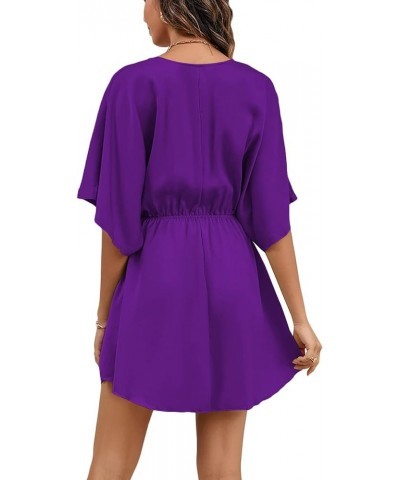 Women's Satin V Neck Twist Ruffle Flowy Swing Short Sleeve Elegant Mini Dress Dark Purple $25.79 Dresses