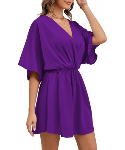 Women's Satin V Neck Twist Ruffle Flowy Swing Short Sleeve Elegant Mini Dress Dark Purple $25.79 Dresses