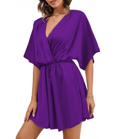 Women's Satin V Neck Twist Ruffle Flowy Swing Short Sleeve Elegant Mini Dress Dark Purple $25.79 Dresses