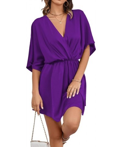 Women's Satin V Neck Twist Ruffle Flowy Swing Short Sleeve Elegant Mini Dress Dark Purple $25.79 Dresses