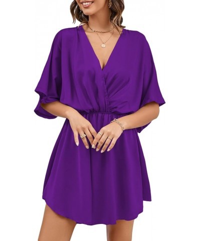 Women's Satin V Neck Twist Ruffle Flowy Swing Short Sleeve Elegant Mini Dress Dark Purple $25.79 Dresses