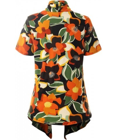 Women's [Made in USA] Solid Jersey Knit Short Sleeve Open Front Draped Cardigan (S-3XL) A Flower Black/Rust $9.95 Sweaters