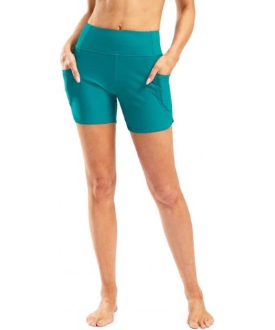 Women's 5" High Waisted Swim Board Shorts UPF50+ Tummy Control Bathing Suit Bottoms with Pockets Teal Blue $13.72 Swimsuits