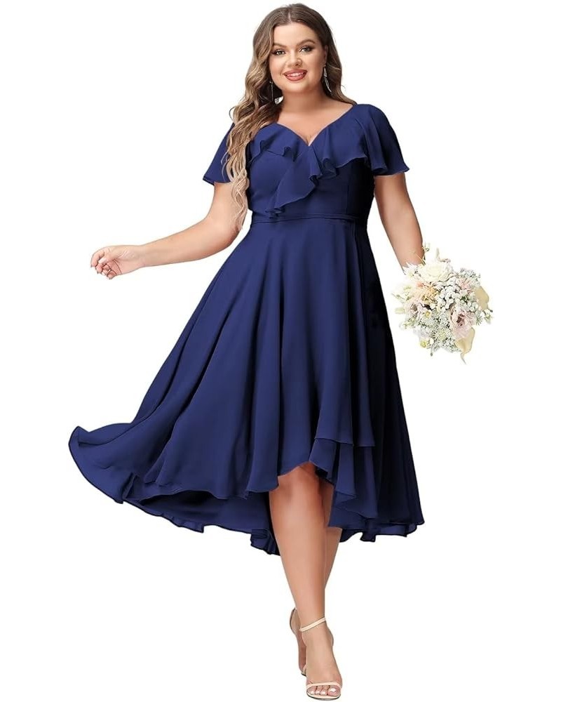 Women's V-Neck Ruffle Bridesmaid Dresses Short with Pockets Empire Waist Chiffon Formal Dresses BF19 Royal Blue $25.60 Dresses