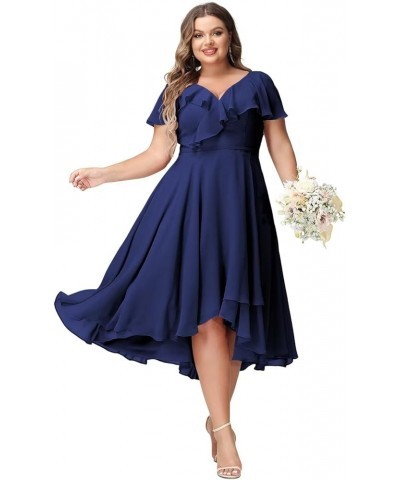 Women's V-Neck Ruffle Bridesmaid Dresses Short with Pockets Empire Waist Chiffon Formal Dresses BF19 Royal Blue $25.60 Dresses