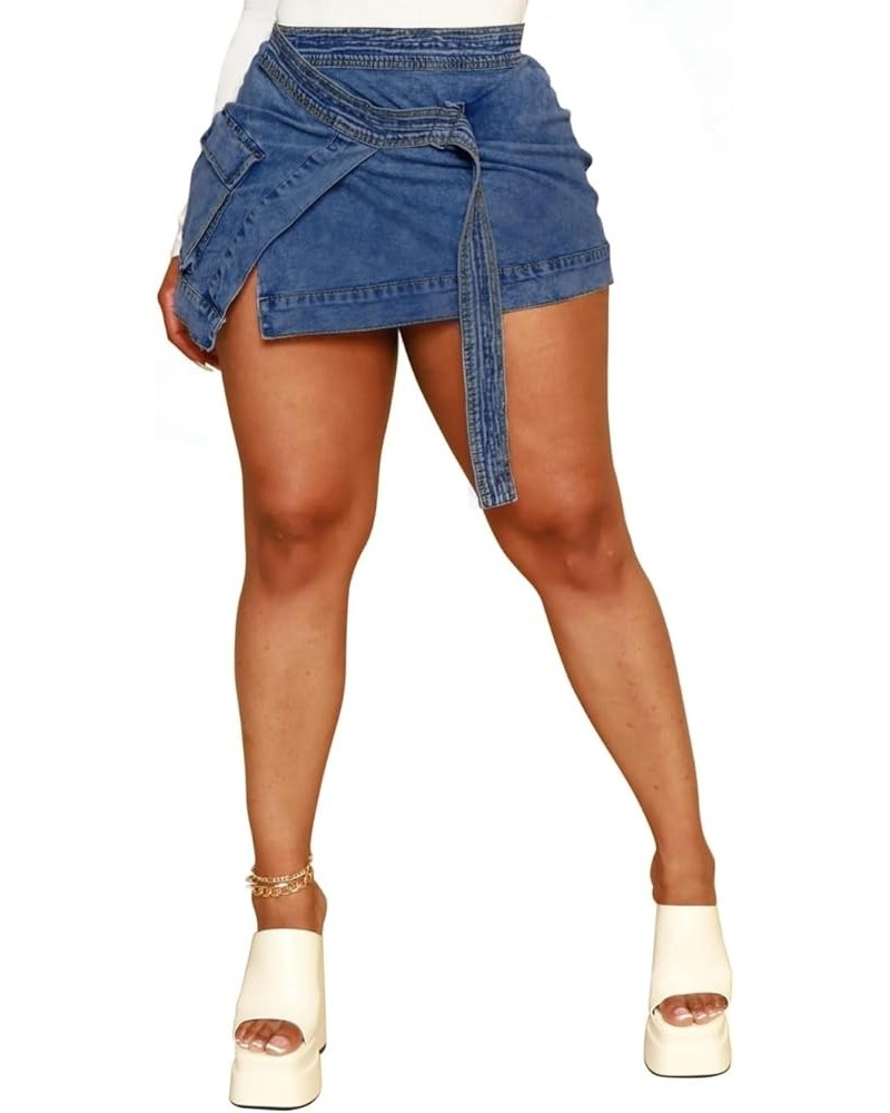 Women's Mini Denim Skirts Sexy Short Jean Skirt Irregular with Pockets C-blue2 $18.86 Skirts