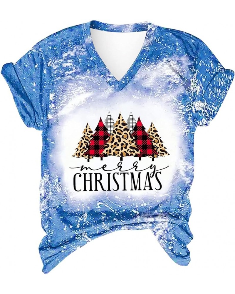 Merry Christmas T-Shirts for Women Funny Cute Gnomes Graphic Holiday V Neck Short Sleeve Tee Shirts Xmas Blouses Tops Sky Blu...