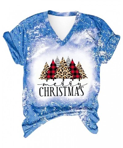 Merry Christmas T-Shirts for Women Funny Cute Gnomes Graphic Holiday V Neck Short Sleeve Tee Shirts Xmas Blouses Tops Sky Blu...