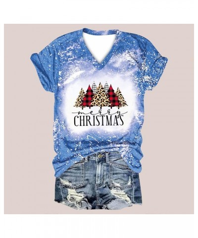 Merry Christmas T-Shirts for Women Funny Cute Gnomes Graphic Holiday V Neck Short Sleeve Tee Shirts Xmas Blouses Tops Sky Blu...