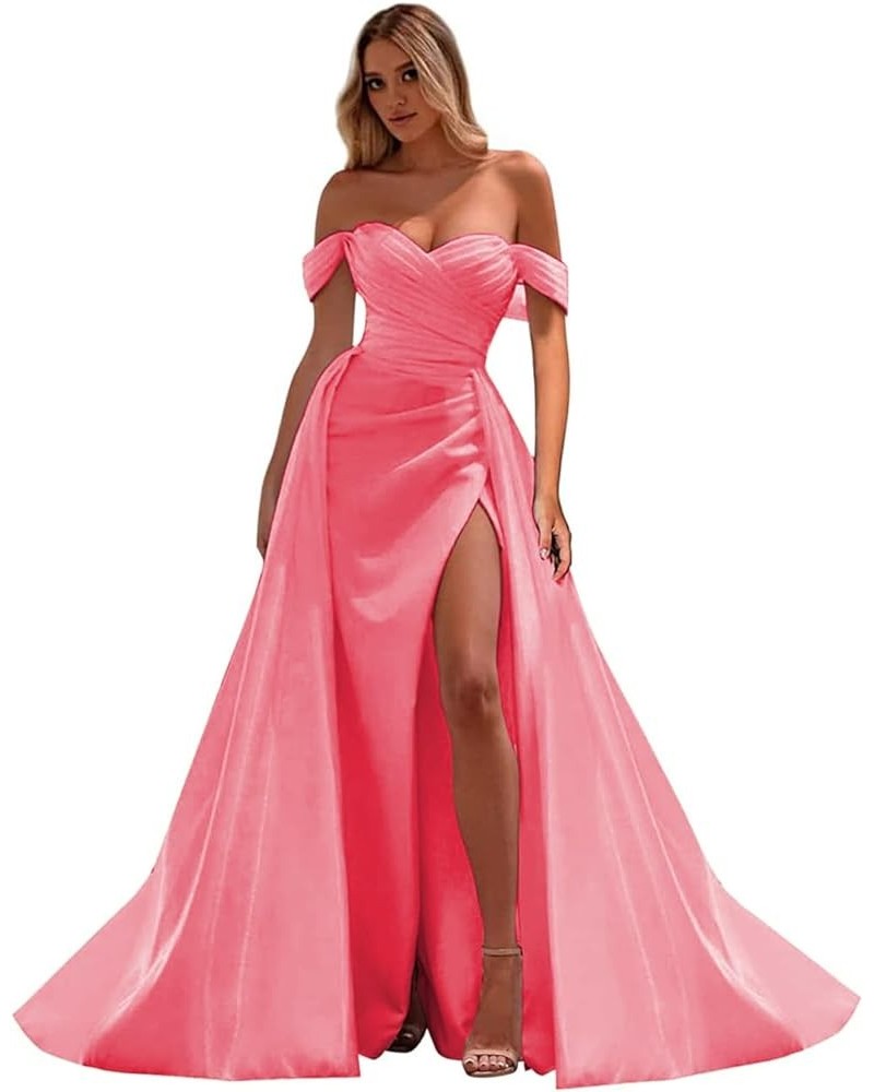 Off The Shoulder Prom Dresses Mermaid Satin Ruched Formal Party Gown with Train Coral $29.11 Dresses