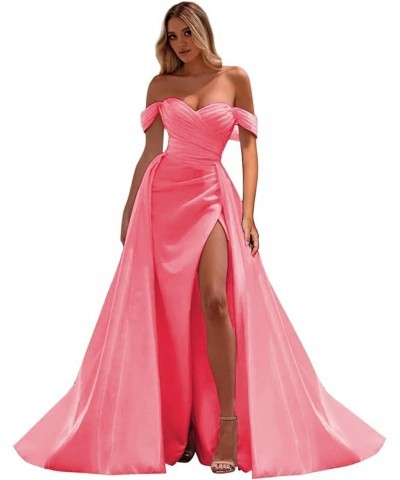 Off The Shoulder Prom Dresses Mermaid Satin Ruched Formal Party Gown with Train Coral $29.11 Dresses