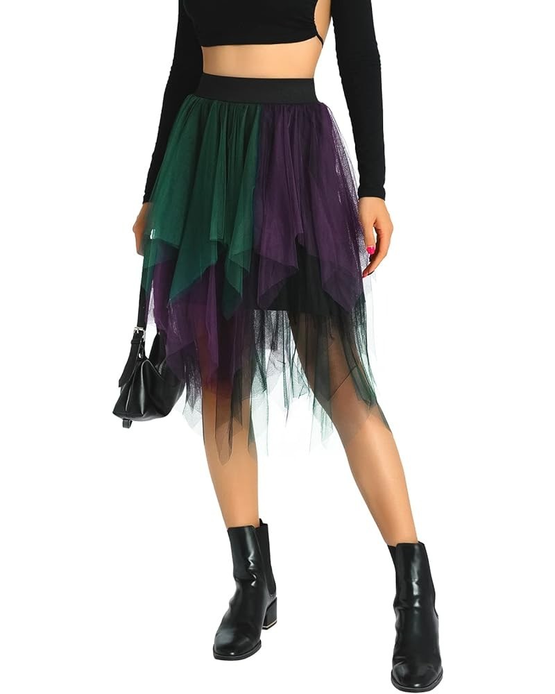 Women's Asymmetrical Tulle Midi Skirt Patchwork Color Mesh Elastic High Waist Layered A-Line Tutu Club Party Skirt Patchwork ...