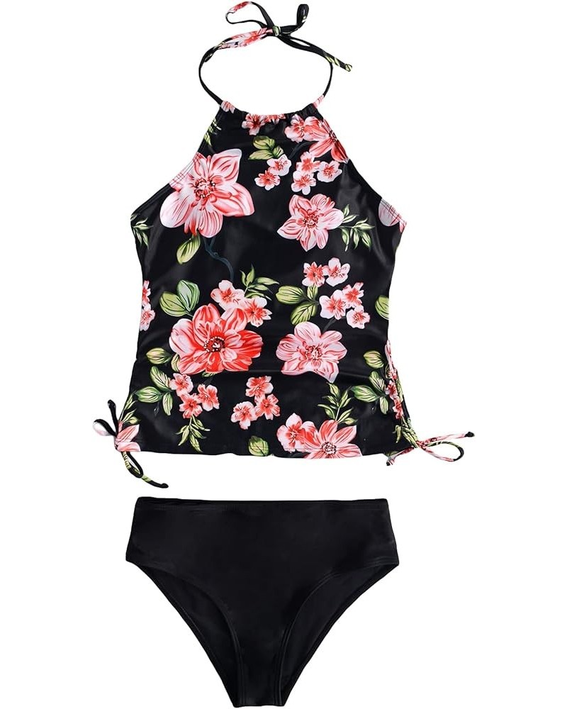 Women's 2 Piece Floral Print Tummy Control Halter Tankini Swimsuit with Briefs Black $17.22 Swimsuits