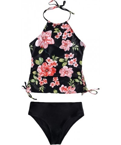 Women's 2 Piece Floral Print Tummy Control Halter Tankini Swimsuit with Briefs Black $17.22 Swimsuits