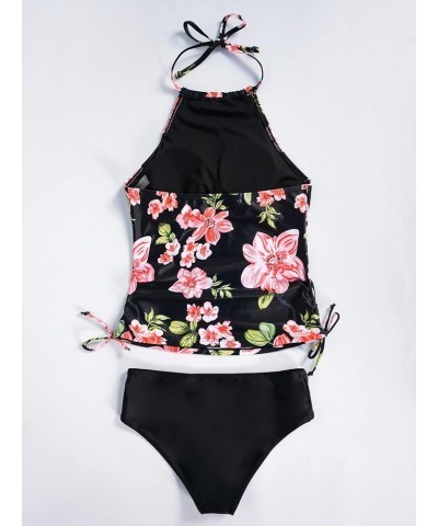 Women's 2 Piece Floral Print Tummy Control Halter Tankini Swimsuit with Briefs Black $17.22 Swimsuits